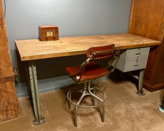 Vintage mid-century industrial butcher block work desk made of steel and 2" thick Rock Maple butcher block. Price $325