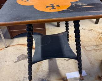 $350- Antique spool-leg side table. Bronze claw feet with glass globes. Rare. 