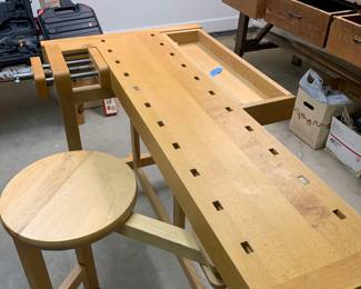 Stunning La Lervad work table in new pristine condition with a removable sliding stool and two vices - made in Denmark. Think outside the “tool box” with this one…use as a sofa table - room divider - bar….it’s a beautiful work of art and craftsmanship!