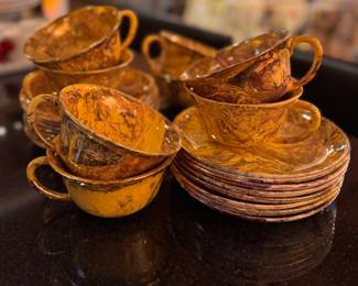 Sascha Brastoff Surf Ballet (Marbled Gold & Black Glaze China). Pieces Include: Set of 8 Dinner Plates, Set of 8 Salad Plates, Set of 8 Cups & Saucers. Photo 1 of 2. 
