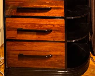Donald Deskey Art Deco Secretary Desk with Black Lacquered Trim & Shelves and Drop-Down Writing Surface. Measures 48" W x 16" D x 38" H. Photo 1 of 5. 