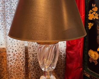 Pair of Hollywood Regency Barley Twist Glass Column Torchiere Table Lamps with Brass Base in Style of Paul Hanson.  Pictured with Lamp Shades. Each Measures 30" H. Photo 1 of 4. 