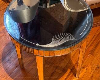 Pair of Mid-Century Mirrored Glass Side Tables with Etched Glass Top. Measures 26" H x 20" D. Photo 3 of 3. 