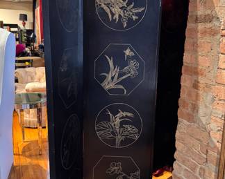 Chinese Black Lacquer Room Divider with Jade and Mother-of-Pearl Inlay. Measures 6' H with Four 18" Wide Panels. Photo 8 of 8. 