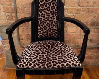 Set of 8 Art Deco Ebonized Wood Dining Chairs Upholstered in Leopard Fabric - 2 Arm and 6 Side Chairs. Each Measures 23" W x 22" D with 19" Seat Height. Photo 1 of 4. 