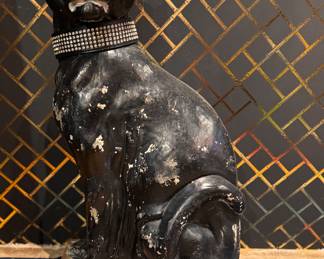 PANTHER #1 (Cracked Base): Cast Concrete Black Panther Statue with Rhinestone Collar - 2 Available. Each Measures 33" H with 14" x 20" Base. Photo 2 of 8. 