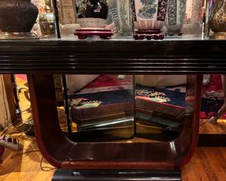 Art Deco Console with Ebony Lacquered Top and Walnut Veneer Base. Measures 54" W x 20" D x 30" H. Photo 1 of 8. 