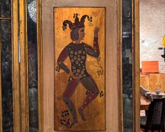 Italian Harlequin Room Divider. Hand-Painted Gilt Figures on Raised Panels.  Measures 6' H with Four 18" Wide Panels. Photo 2 of 5. 