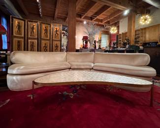 Sculptural Mid-Century Modern Cocktail Table with Freeform Biomorphic Top and Slender Metal Legs. Likely Italian or French Manufacture, circa 1950s–1960s. Measures 68" W x 26" D x 16" H. Photo 2 of 7. 