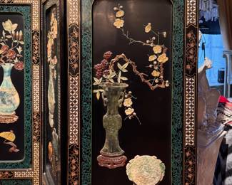 Chinese Black Lacquer Room Divider with Jade and Mother-of-Pearl Inlay. Measures 6' H with Four 18" Wide Panels. Photo 2 of 8. 