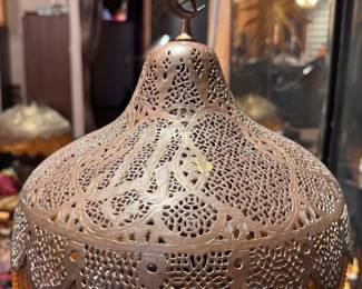 Vintage Syrian Pierced Brass Table Base with Beaded Fringe. Photo 3 of 4. 