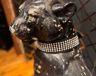 PANTHER #1 (CRACKED BASE): Cast Concrete Black Panther Statue with Rhinestone Collar - 2 Available. Each Measures 33" H with 14" x 20" Base. Photo 3 of 8. 