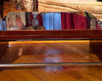 Mid-Century Waterfall Coffee Table with Ebony Mirrored Glass Top. Measures 37" W x 21" D x 16" H. Photo 1 of 3. 