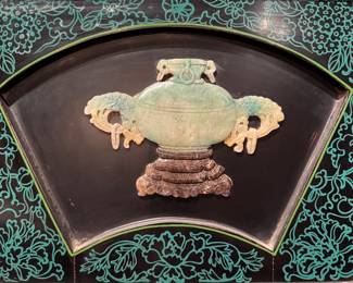 Chinese Black Lacquer Room Divider with Jade and Mother-of-Pearl Inlay. Measures 6' H with Four 18" Wide Panels. Photo 5 of 8. 