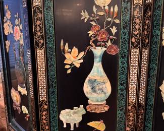 Chinese Black Lacquer Room Divider with Jade and Mother-of-Pearl Inlay. Measures 6' H with Four 18" Wide Panels. Photo 3 of 8. 
