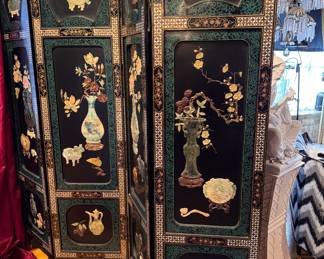 Chinese Black Lacquer Room Divider with Jade and Mother-of-Pearl Inlay. Measures 6' H with Four 18" Wide Panels. Photo 1 of 8. 