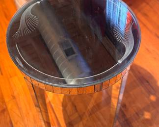 Pair of Mid-Century Mirrored Glass Side Tables with Etched Glass Top. Measures 26" H x 20" D. Photo 2 of 3. 