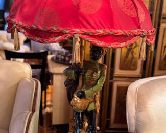 Hollywood Regency Style Hand-Painted Plaster Figural Table Lamp with Red Umbrella Shade. Measures Approximately 38" H. Photo 1 of 2. 