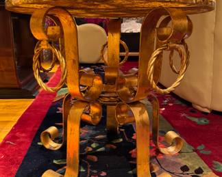 Arturo Pani 1950s Hollywood Regency Side Table with Geode Abalone Gold Flake Top and Gilded Iron Base.  Measures 22" H x 24" D.  Photo 1 of 4. 