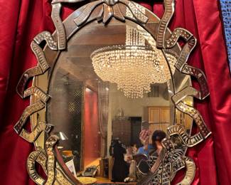 Venetian Glass Mirror with "Ribbon / Bow" Detail. Measures 56" H x 36" W. Photo 1 of 3. 