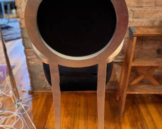 Lacquered Wood Frame Arm Chair. Round Back Upholstered in Piero Fornasetti Fabric Teme e Variation N. 20: 9:00 Clock Face of Opera Singer Lina Cavalieri. Measures 22" W with 19" Seat Height. Photo 2 of 2. 