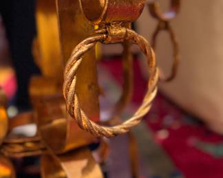 Arturo Pani 1950s Hollywood Regency Side Table with Geode Abalone Gold Flake Top and Gilded Iron Base.  Measures 22" H x 24" D.  Photo 4 of 4. 