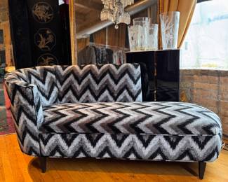 Mid-Century Chaise Upholstered in Chevron Upholstery. Measures 68" W x 30" D. Photo 1 of 5. 