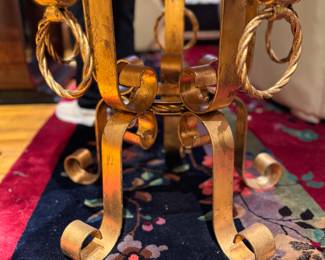Arturo Pani 1950s Hollywood Regency Side Table with Geode Abalone Gold Flake Top and Gilded Iron Base.  Measures 22" H x 24" D.  Photo 3 of 4. 