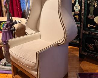 Vegan Leather Upholstered Porters Chair with Nailhead Trim. Measures Photo 2 of 6. 