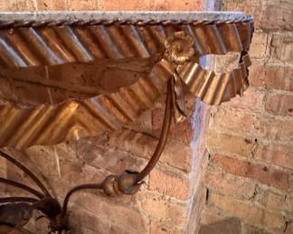 Pair of Louis XVI Style Gilt Metal Demi-Lunes with Granite Tops. Each Measures 33" W x 26" D x 58" H. Photo 5 of 6. 