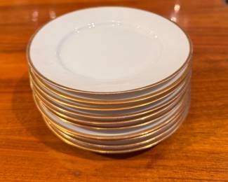 M & Z Gold Rim Porcelain China. Pieces Include: Set of 12 Dinner Plates, Set of 12 Bread & Butter Plates, Set of 6 Fruit Bowls, Set of 5 Dessert Plates, Set of 4 Cups & 5 Saucers. Plus, 5 Platters.  Photo 3 of 3. 