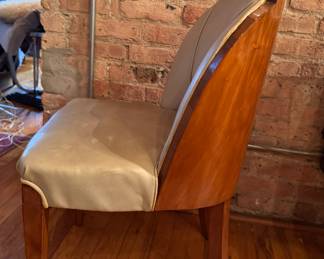 Set of 4 Art Deco Burl Wood Cloud Chair Upholstered in Faux Leather Attributed to Harry and Lou Epstein. Measures 22" W x 23" D  with 18" Seat Height. Photo 2 of 3. 