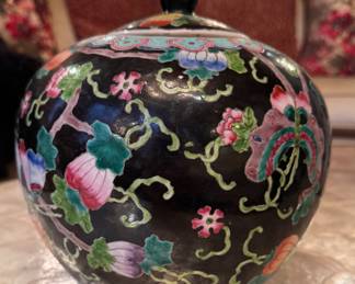 Pair of Famille Noir Lidded Ginger Jars. Each Measures 8" D x 8" H. Photo 1 of 4. 