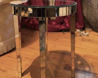 Pair of Mid-Century Mirrored Glass Side Tables with Etched Glass Top. Measures 26" H x 20" D. Photo 1 of 3. 