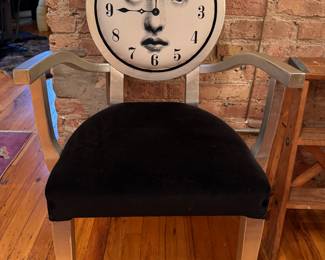 Lacquered Wood Frame Arm Chair. Round Back Upholstered in Piero Fornasetti Fabric Teme e Variation N. 20: 9:00 Clock Face of Opera Singer Lina Cavalieri. Measures 22" W with 19" Seat Height. Photo 1 of 2. 