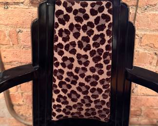 Set of 8 Art Deco Ebonized Wood Dining Chairs Upholstered in Leopard Fabric - 2 Arm and 6 Side Chairs. Each Measures 23" W x 22" D with 19" Seat Height. Photo 2 of 4. 