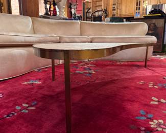 Sculptural Mid-Century Modern Cocktail Table with Freeform Biomorphic Top and Slender Metal Legs. Likely Italian or French Manufacture, circa 1950s–1960s. Measures 68" W x 26" D x 16" H. Photo 6 of 7. 