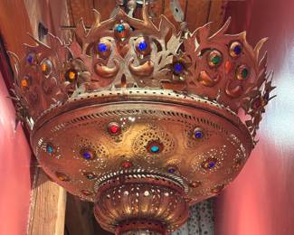 Antique Moroccan / Victorian Revival-Style Brass Chandelier with Multi-Colored Glass "Jewels." Photo 2 of 2. 
