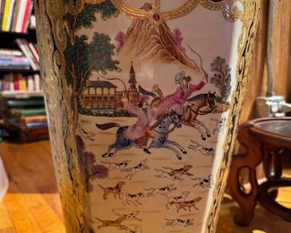 Mid-Century Reproduction Hunt Scene Lidded Urn. Measures 34" H x 14" At Widest. Photo 3 of 8. 
