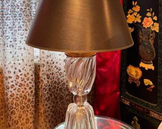 Pair of Hollywood Regency Barley Twist Glass Column Torchiere Table Lamps with Brass Base in Style of Paul Hanson.  Pictured with Lamp Shades. Each Measures 30" H. Photo 1 of 3. 