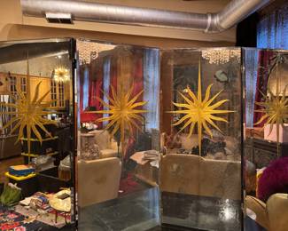 Hollywood Regency Four-Glass Panel Divider with Sun Ray Motif. Measures 6' H with Four 18" W Panels. Photo 1 of 3. 