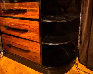 Donald Deskey Art Deco Secretary Desk  with Black Lacquered Trim & Shelves and Drop-Down Writing Surface. Measures 48" W x 16" D x 38" H. Photo 2 of 5. 