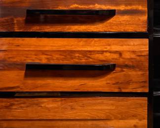 Donald Deskey Art Deco Secretary Desk with Black Lacquered Trim & Shelves and Drop-Down Writing Surface. Measures 48" W x 16" D x 38" H. Photo 4 of 5. 