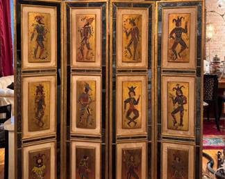 Italian Harlequin Room Divider. Hand-Painted Gilt Figures on Raised Panels.  Measures 6' H with Four 18" Wide Panels. Photo 1 of 5. 