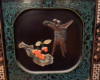 Chinese Black Lacquer Room Divider with Jade and Mother-of-Pearl Inlay. Measures 6' H with Four 18" Wide Panels. Photo 6 of 8. 