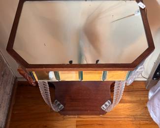 Lorin Jackson Designed "Glassic" Bedside Table - 2 Available. Mirrored Glass and Stained Wood. Each Measures 20" W x 14" D x 26.75" H. Photo 2 of 3. 