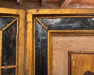 Italian Harlequin Room Divider. Hand-Painted Gilt Figures on Raised Panels.  Measures 6' H with Four 18" Wide Panels. Photo 3 of 5. 