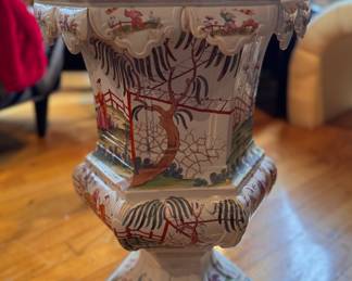 Chinese Famille Verte Porcelain Urn. Measures 21" H x 16" D. Photo 1 of 5.