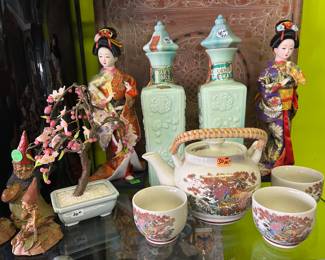 Oriental tea set, Ming jade tree, oriental  figurines 