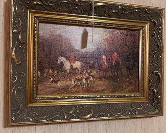 (smaller than it looks) framed fox hunt painting